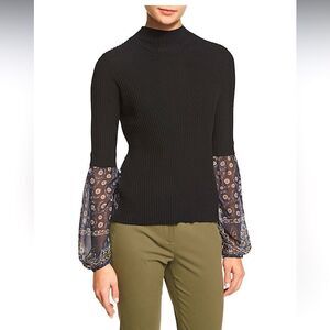 EUC Veronica Beard Moon Ribbed Mixed-Media Sweater, Black Sz. XS